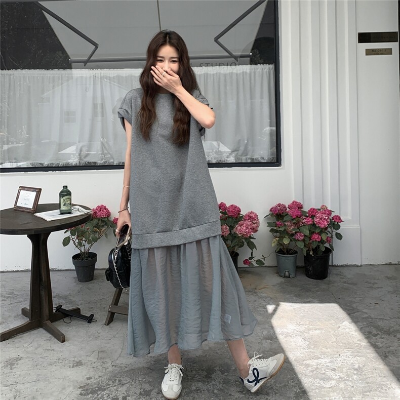 韩系灰色网纱拼接宽松连衣裙女2025夏新款时尚百搭高级感长裙女潮图片