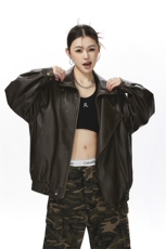 荔枝纹高端双层领廓形设计大码M-5XL机车皮衣女JK78095P128控178，女装皮衣，星座226-1