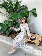 韩版甜美淑女时尚气质高雅艺术盘扣复古风连衣裙，女装连衣裙，荷塘月色