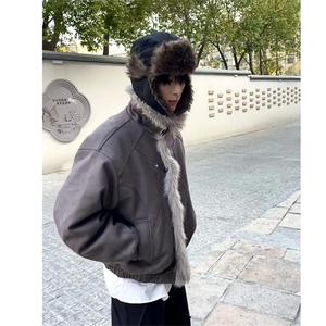现货重磅硬挺boxy羽绒棉衣座山雕大毛毛领洗水麂皮棉服冬外套图片