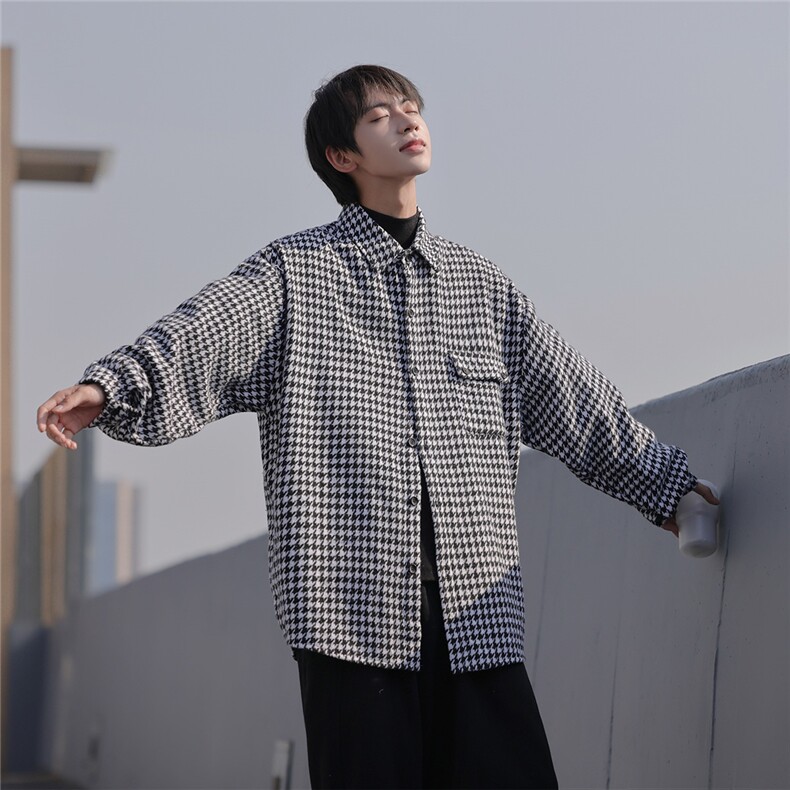 秋冬千鸟格衬衫男加厚毛呢宽松休闲长袖格子外套衬衣DX187P55控78,男装衬衫,电商B413-1