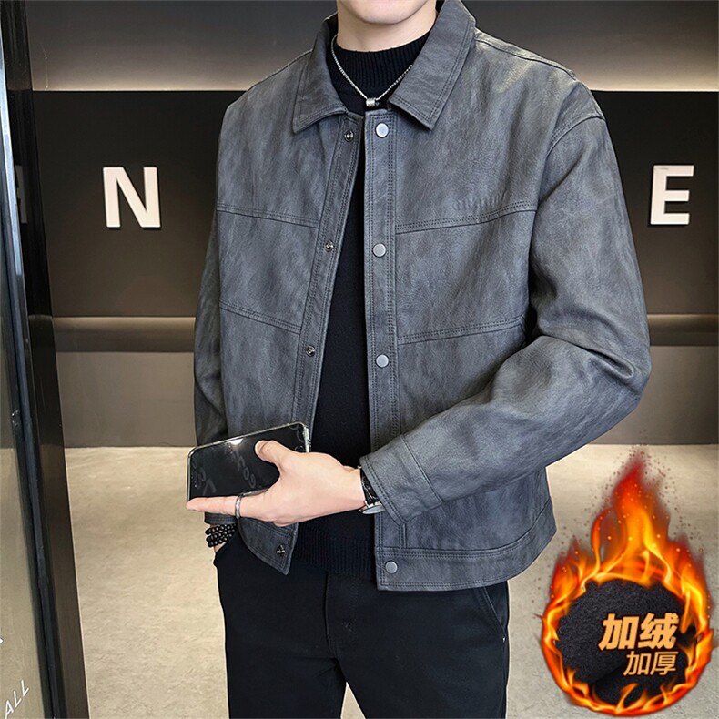 店主风2025秋冬翻领复古做旧加绒皮衣男夹克外套5025加绒-P155，男装夹克，电商B338