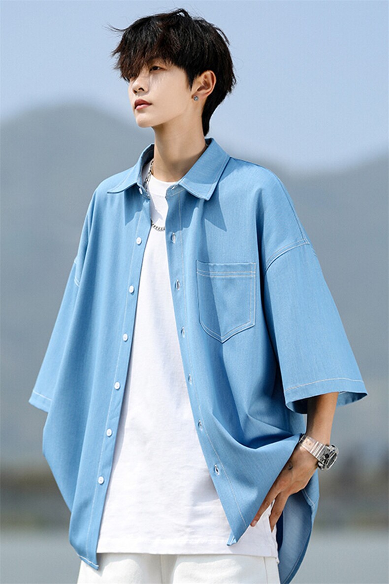 8XL-M冰丝牛仔短袖衬衫男款夏季薄款宽松慵懒衬衣外套DC28006P60,男装T恤,电商B312