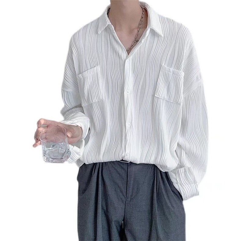 气质简约潮流港风复古长袖衬衫男秋冬宽松垂感痞帅上衬衣外套新款,男装衬衫,星座506A
