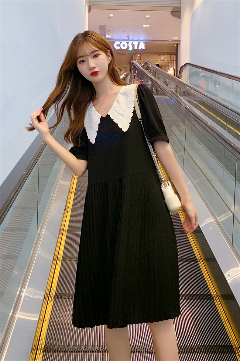 雪纺连衣裙2021新款夏季中长款百褶裙黑色韩版减龄连衣裙女,女装连衣裙,梦懿尔