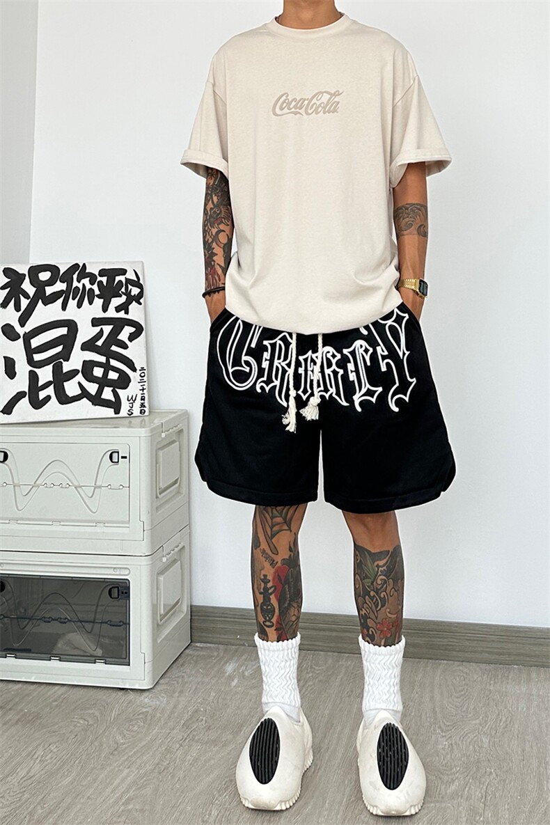 美式高街hiphop短裤男款夏季潮牌涂鸦篮球运动裤大码痞帅五分裤子,男装牛仔裤,星座417-3