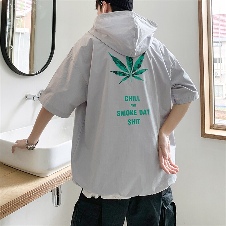 套头情侣短袖树叶印花连帽宽松男士半袖防嗮外套短袖T恤衫T55,男装T恤,电商A020