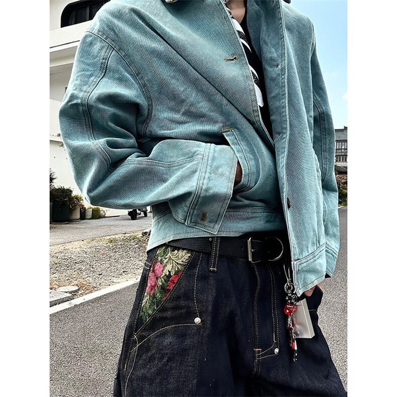 宽松翻领撞色美式休闲夹克慵懒风学生水洗牛仔外套男LK88266-P70,男装工装外套,星座1008