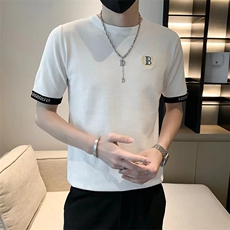 网红圆领短袖毛衣男韩版潮流字母刺绣半袖修身打底针织衫T3335，男装针织衫/毛衣，星座1116A-2（原606A-1）