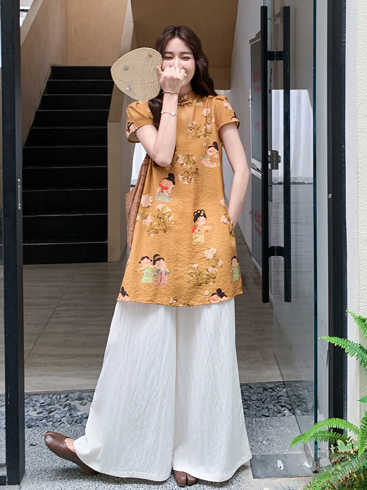 新中式复古印花改良旗袍套装女2025夏新款气质高级感阔腿裤两件套,女装套装/套裙,浙宝305