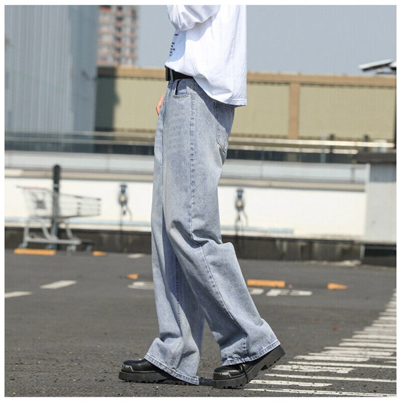 复古宽松阔腿半松紧牛仔裤高街设计春秋新款高腰显瘦拖地裤,男装牛仔裤,星座302A-2