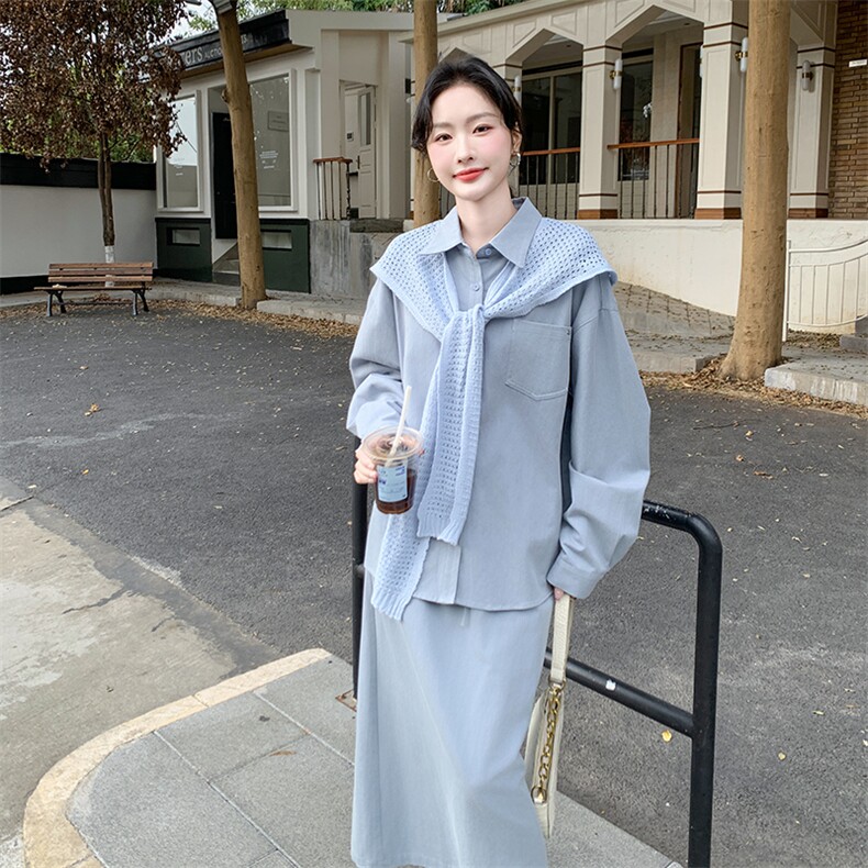 蓝色披肩衬衫套装裙女2025年秋季新款韩版慵懒风宽松半身裙两件套,女装套装/套裙,2C108