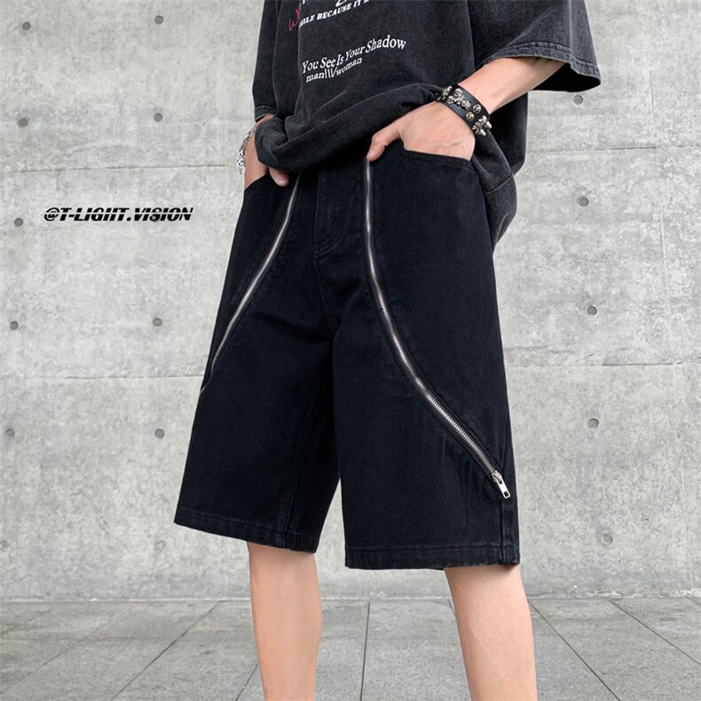B221美式ins高街暗黑小众拉链牛仔短裤五分裤LK23101-P60控78,男装牛仔裤,电商B221