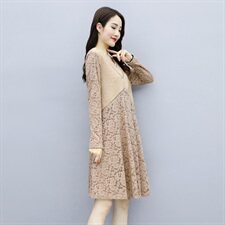 2020年冬季V领烫钻仿貂绒配蕾丝加绒打底连衣裙，女装连衣裙，安之芮娜