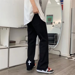 牛仔裤男ins潮牌高街百搭十字架直筒裤夏季宽松阔腿裤子N101/P40图片