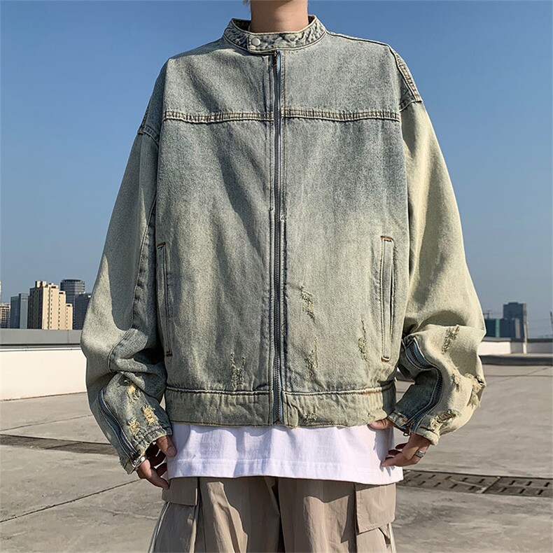 高品质秋款男牛仔立领夹克工装侧边开叉拉链破洞外套JK8621P80,男装夹克,星座1013-1