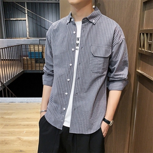 2023秋装新款男生条纹衬衫印花港风平铺衬衣1903-P45图片