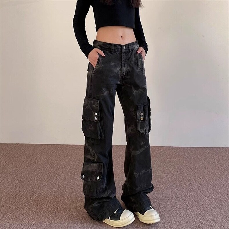美式vibe高街复古水洗多口袋工装裤男女直筒微喇叭长裤潮网络图,男装休闲裤,星座410-7