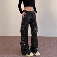 美式vibe高街复古水洗多口袋工装裤男女直筒微喇叭长裤潮网络图，男装休闲裤，星座410-7