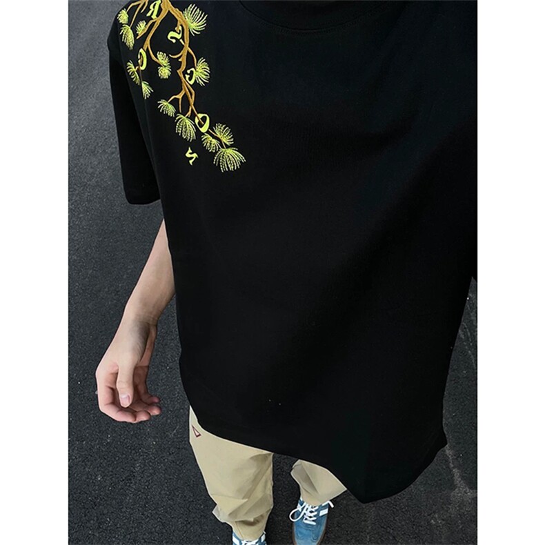 网图有货美式刺绣罗汉松短袖男女高街字母花卉宽松t恤A433-P35,男装T恤,星座1505