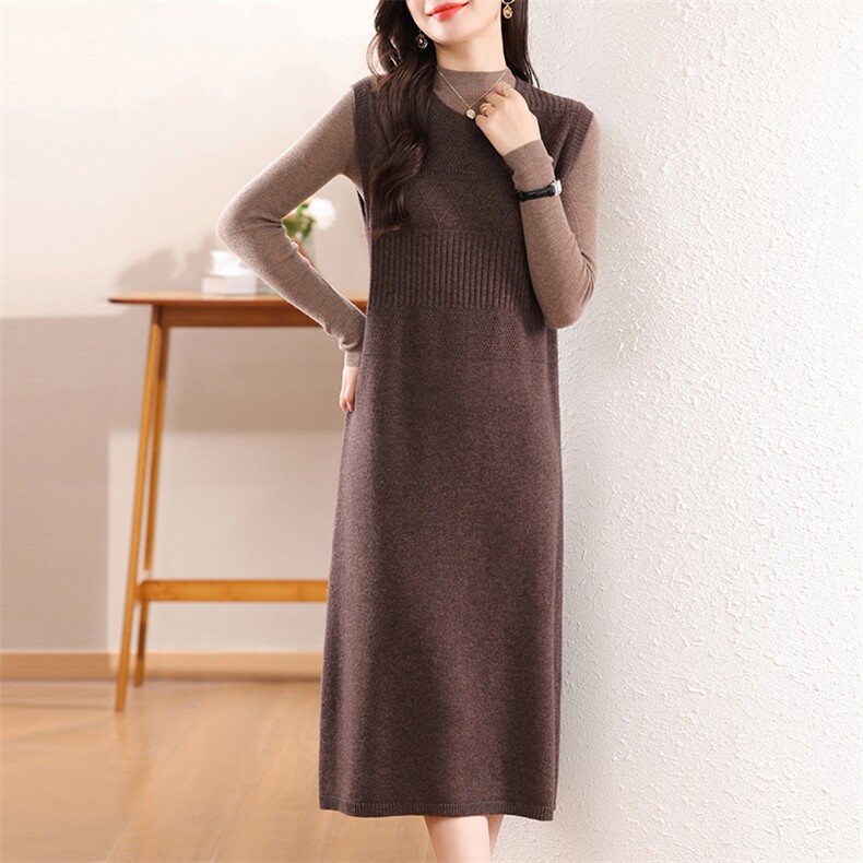 秋冬新款菱形圆领马甲裙女针织羊毛背心连衣时尚无袖长裙，女装连衣裙，江南羊绒