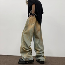 牛仔裤男士2024夏美式高街复古宽松垂感废土风拖地裤子RK1648-P51，男装牛仔裤，星座412-3