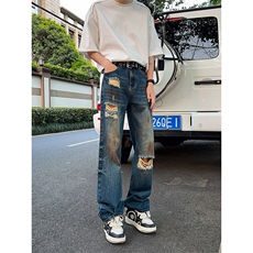 B221美式ins高街暗黑宽松直筒破洞喷墨乞丐牛仔裤LK24202-P60控78，男装牛仔裤，电商B221