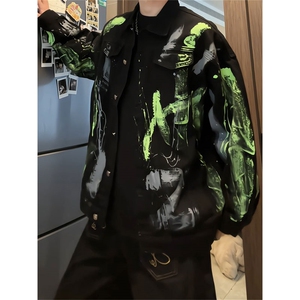 街头风涂鸦印花牛仔夹克男宽松痞帅翻领设计感外套JA39-特价P78图片