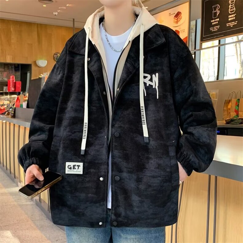 假两件连帽外套男款秋冬季加绒潮夹克港风宽松男生夹克HH7014P78,男装夹克,星座1013-5