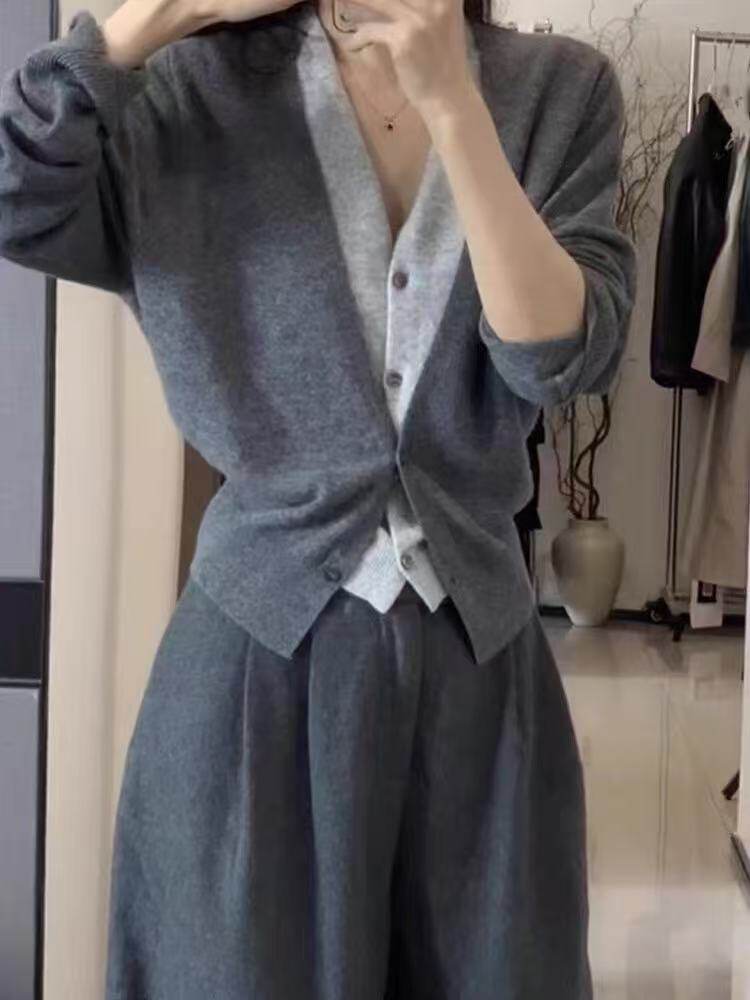 2025年秋季新款百搭女士V领假两件长袖针织开衫，女装针织衫/毛衣，佑昭祥羊绒