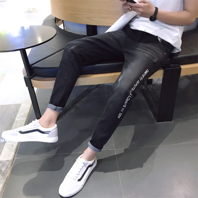 秋季港风牛仔裤男韩版潮流九分裤修身小脚裤黑色9分裤子男图片