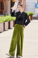 新中式套装女2025秋装新款盘扣长袖丝绒两件套，女装套装/套裙，天丝秀