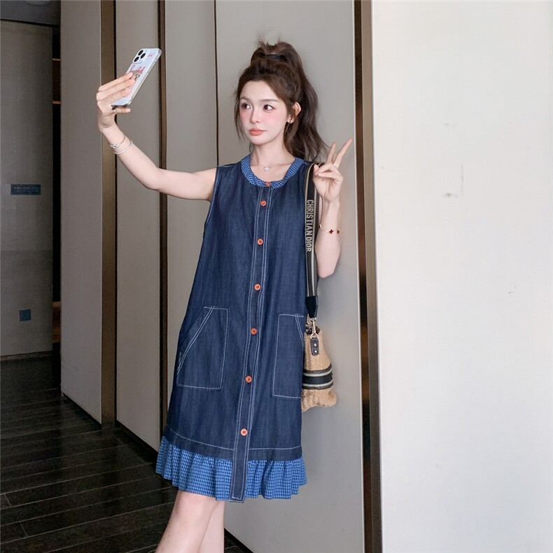 现货格子拼牛仔连衣裙2568P135K198,女装连衣裙,2C201