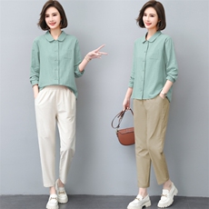 三年不下架2024年春秋季新款套装女休闲韩版棉麻上衣长裤两件套装，女装套装/套裙，璐依舞