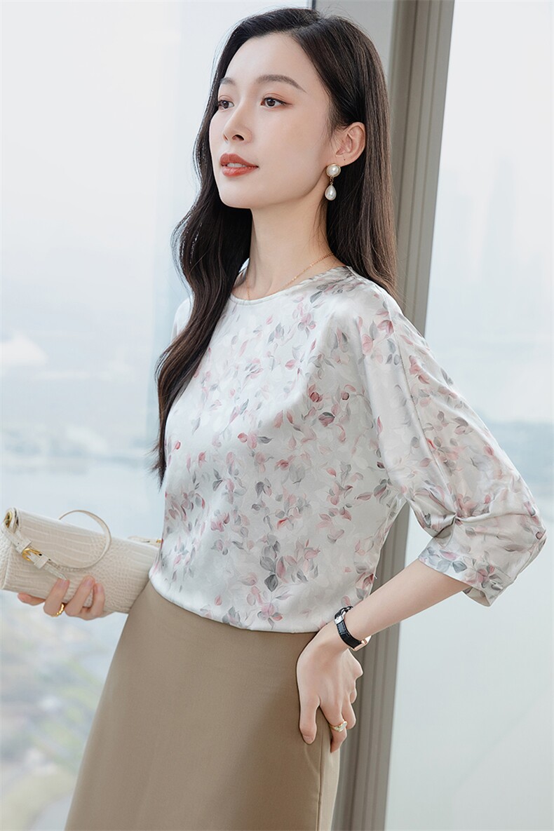 真丝衬衫女2026新款圆领复古文艺五分袖上衣女高级感宽松显瘦,女装衬衫,阿舍尔精品