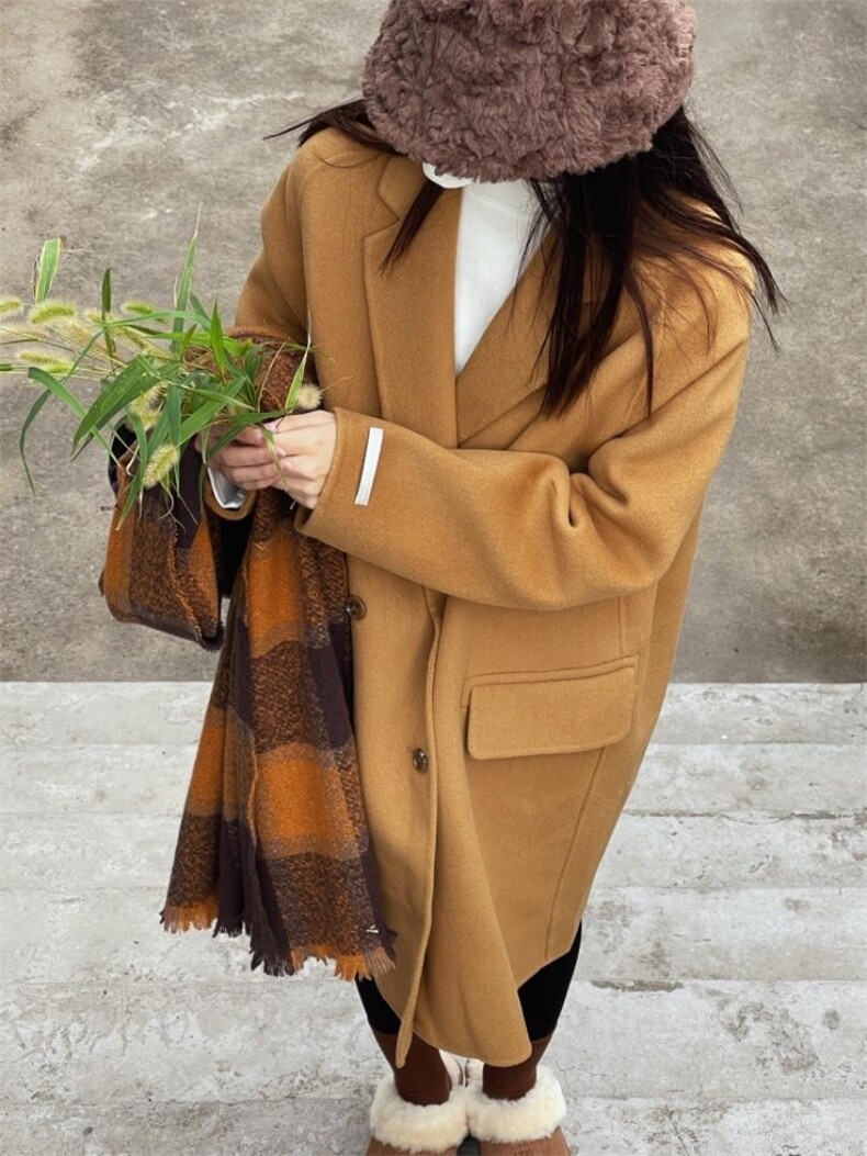 秋冬新款韩版翻领四粒扣中长款羊绒大衣，其它，HJ