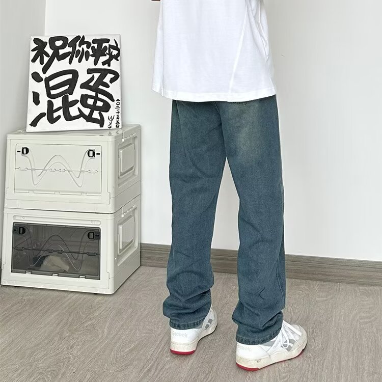美式复古深蓝色牛仔裤男女穿搭高级感裤子宽松直筒oversize阔腿裤,男装牛仔裤,星座601-2