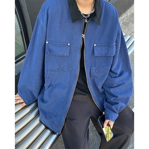 篮色vintage工装外套男女底特律短款水洗夹克初秋穿搭上衣-Y7707图片