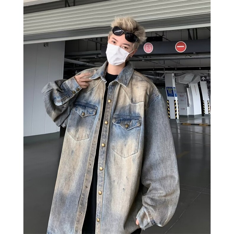 复古蓝牛仔衬衫外套男废土风重磅外套做旧宽松休闲长袖春秋季衬衣,男装衬衫,星座1013