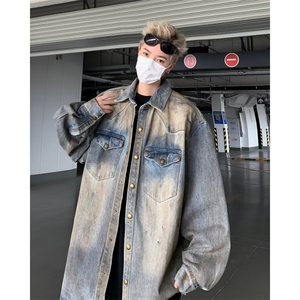 复古蓝牛仔衬衫外套男废土风重磅外套做旧宽松休闲长袖春秋季衬衣图片