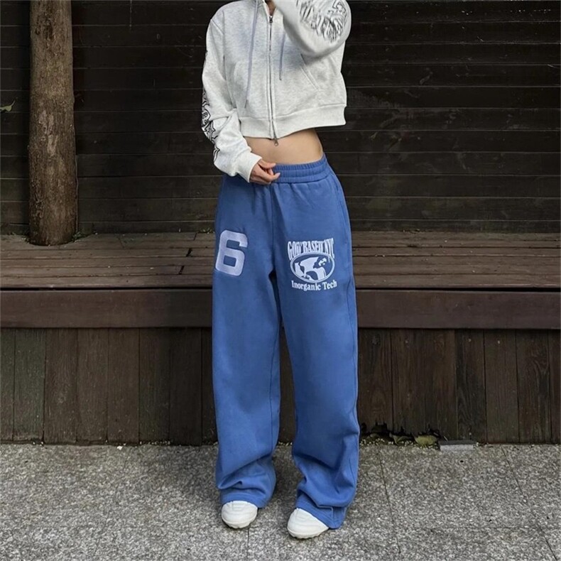 春秋新款美式字母蓝色卫裤男女网红洋气宽松显瘦直筒阔腿休闲裤图片