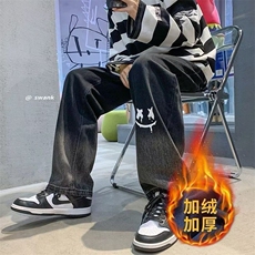美式复古嘻哈高街男女印花弯刀阔腿牛仔裤宽松垂感加绒阔腿裤，男装牛仔裤，四季星座505
