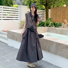 韩版时尚无袖条纹T恤套装女2025夏季新款显瘦工装半身长裙两件套，女装套装/套裙，2C098