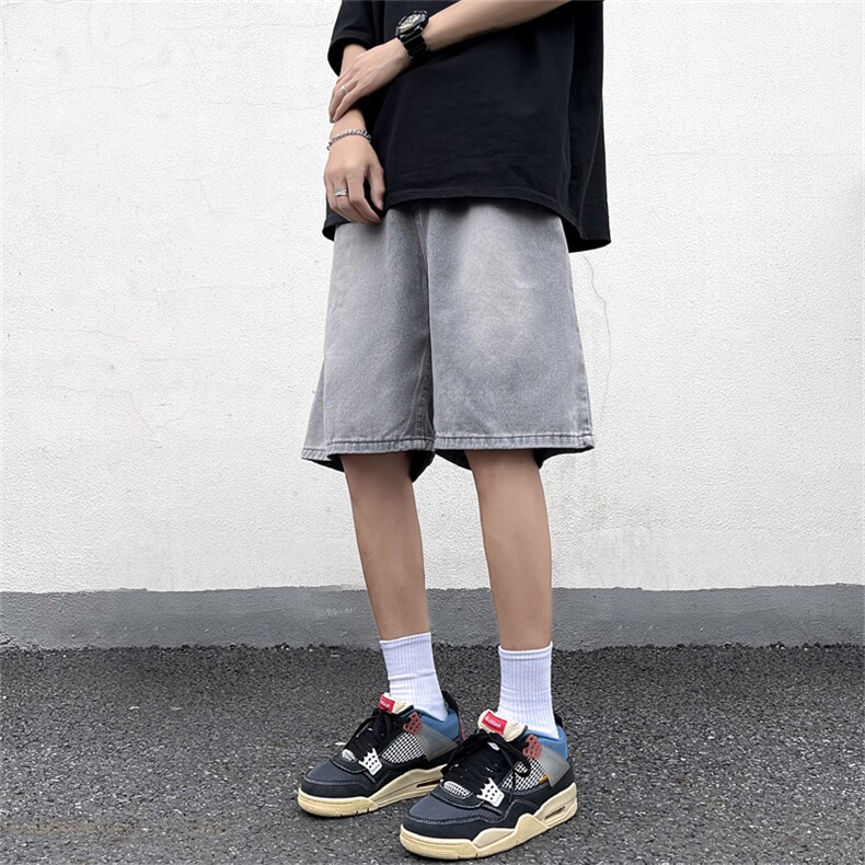 港风夏款男牛仔短裤灰色宽松直筒五分短裤D253P40,男装牛仔裤,星座1013-1