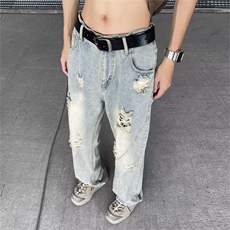 高街破洞牛仔裤男士韩版潮流直筒2024夏季新款ins长裤RK1885-P43，男装牛仔裤，星座412-3