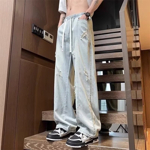 破洞牛仔裤男夏季薄款阔腿裤美式高街宽松直筒抽绳裤子A1068-P45图片