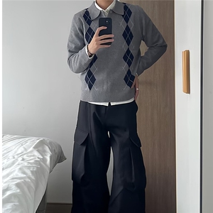 现货DM69-批65抖音天猫高质量英伦风菱格纹长袖针织衫男图片