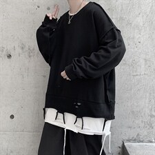 WY33 (破洞）OVERSIZE圆领假两件卫衣 大皂短句 P75 控价95图片