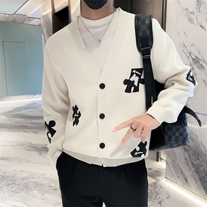 拼图白色长袖针织衫V领提花拼色痞帅男士开衫夹克外套秋季 M881图片