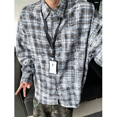 现货~扎染格子大码长袖衬衫C5885/特P28咖啡，男装衬衫，电商A094